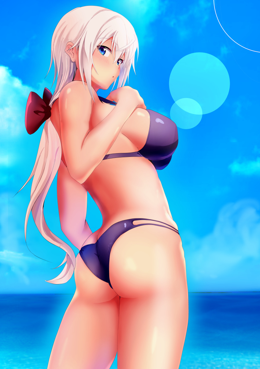 1girl absurdres architect ass bikini blue_eyes blue_sky blush bow breasts butt_crack cowboy_shot day frame_arms_girl hair_between_eyes hair_bow highres large_breasts long_hair looking_at_viewer ocean parted_lips purple_bikini sky solo swimsuit ume_tetu