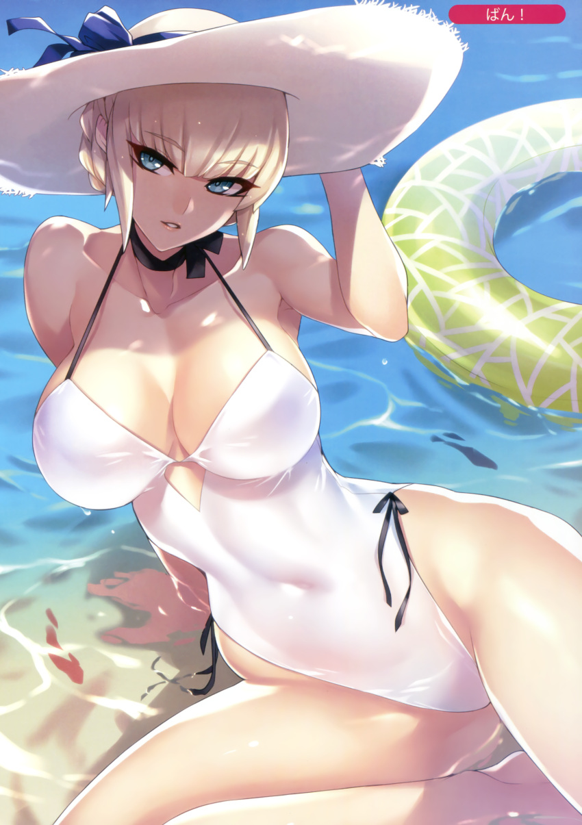 1girl absurdres adjusting_clothes adjusting_hat arm_support arm_up armpits artist_name ban bangs bare_arms bare_legs bare_shoulders barefoot black_choker blonde_hair blue_eyes blunt_bangs bow breasts casual_one-piece_swimsuit choker cleavage collarbone commentary_request covered_navel curvy eyebrows_visible_through_hair halterneck hand_on_headwear hat hat_ribbon highres innertube large_breasts leaning_to_the_side looking_at_viewer looking_up melonbooks one-piece_swimsuit original parted_lips partially_submerged ribbon scan shade short_hair sidelocks sitting skin_tight solo sun_hat sunlight swimsuit tsurime water white_hat white_swimsuit yokozuwari