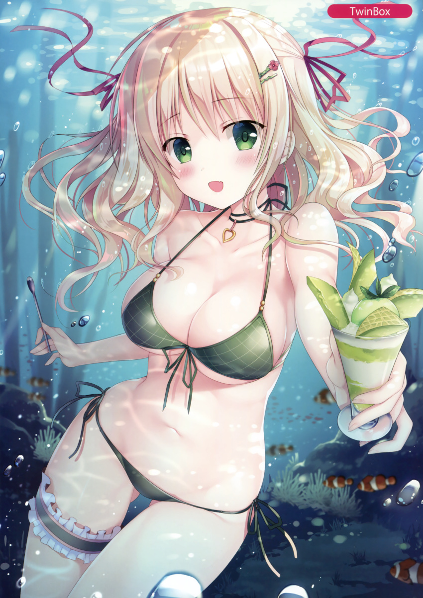 1girl absurdres aquarium bangs bikini blonde_hair blush breasts circle_name cleavage clownfish collarbone cup eyebrows_visible_through_hair food front-tie_bikini front-tie_top fruit green_bikini green_eyes hair_ornament hair_ribbon hairclip heart_collar highres hips holding holding_cup holding_spoon ice_cream large_breasts leg_garter long_hair looking_at_viewer melon melonbooks navel open_mouth original purple_ribbon ribbon smile solo sousouman sundae swimsuit thighs wavy_hair