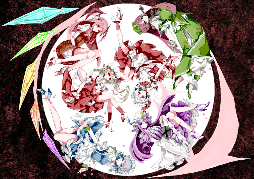 6+girls absurdres apron bangs bat_wings beret bloomers blue_eyes bow braid breasts chinese_clothes crescent demon_girl dress flandre_scarlet hair_bow hair_ribbon hat hat_ribbon head_wings high_heels highres hong_meiling izayoi_sakuya juliet_sleeves koakuma large_breasts long_hair long_sleeves looking_at_viewer maid maid_headdress mob_cap multiple_girls patchouli_knowledge puffy_short_sleeves puffy_sleeves red_eyes remilia_scarlet ribbon short_hair short_sleeves siblings side_ponytail sidelocks sisters star touhou tress_ribbon twin_braids underwear upside-down very_long_hair violet_eyes waist_apron wings wrist_cuffs yutapon