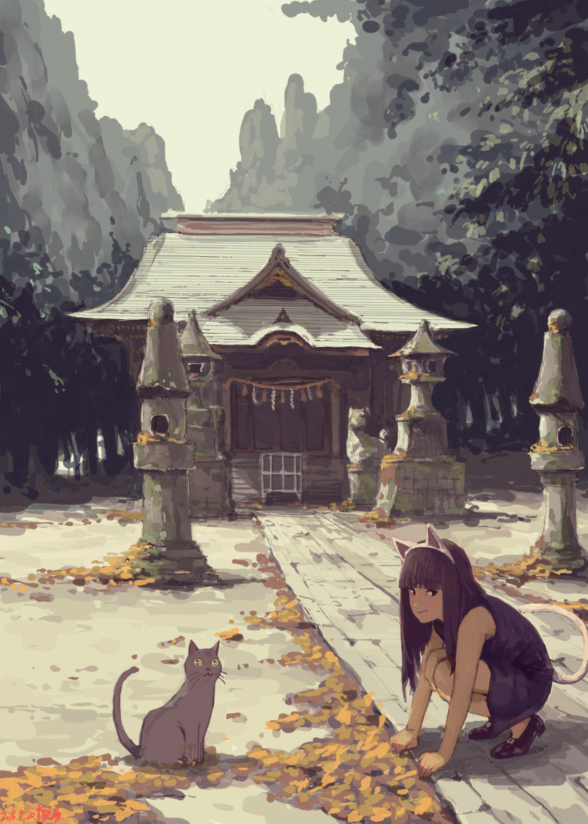 1girl :3 absurdres animal_ears autumn_leaves bangs bare_arms bare_shoulders black_eyes black_hair black_shoes blue_dress blunt_bangs cat cat_ears cat_tail closed_mouth commentary_request day dress fake_animal_ears gate hairband highres leaf long_hair looking_at_viewer looking_to_the_side original outdoors path road scenery shoes shrine sketch smile solo squatting statue tail zennosuke