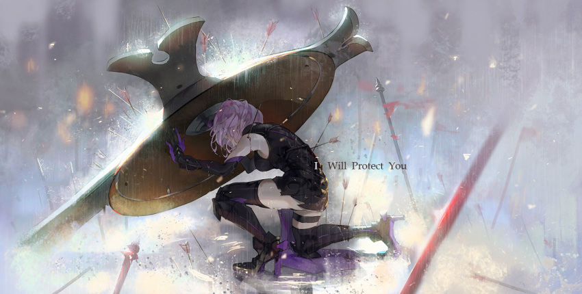 1girl armor arrow black_legwear blood elbow_gloves fate/grand_order fate_(series) from_side full_body gloves high_heels holding_shield kuroduki_(pieat) one_knee outdoors pink_hair rain shield shielder_(fate/grand_order) short_hair solo thigh-highs thigh_strap title