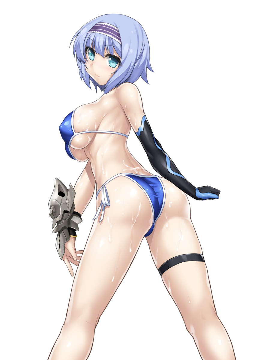 1girl aqua_eyes arm ass asymmetrical_gloves back bare_arms bare_legs bare_shoulders bikini black_gloves blue_bikini blue_hair blue_swimsuit blush bnc_(bunshi) breasts c: clenched_hand closed_mouth elbow_gloves eyebrows_visible_through_hair female from_behind gloves hairband highres isekai_wa_smartphone_to_tomo_ni. large_breasts legband legs linse_shileska looking_at_viewer looking_back short_hair side-tie_bikini sideboob simple_background single_elbow_glove single_glove smile solo standing string_bikini swimsuit thigh_strap under_boob wet white_background