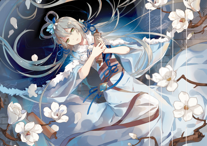 1girl bangs blue_kimono branch capelet floating_hair fre green_eyes hair_between_eyes japanese_clothes kimono light_smile long_hair looking_at_viewer luo_tianyi lying obi on_back parted_lips petals sash silver_hair solo very_long_hair vocaloid white_flower