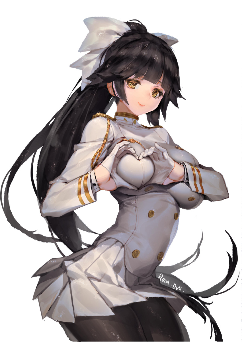 1girl absurdres aiguillette arched_back artist_name azur_lane bangs black_hair black_legwear bow breasts closed_mouth contrapposto cowboy_shot epaulettes from_side gloves hair_bow hair_flaps half_gloves han-0v0 heart heart-shaped_boob_challenge heart-shaped_pupils highres large_breasts long_hair long_sleeves looking_at_viewer military military_uniform miniskirt pantyhose ponytail simple_background skirt smile solo symbol-shaped_pupils takao_(azur_lane) tareme uniform very_long_hair white_background white_bow white_gloves white_skirt yellow_eyes