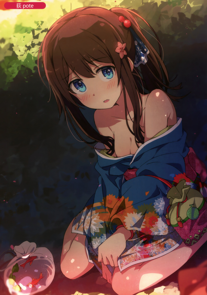 1girl absurdres baggy_pants bangs blue_kimono blurry blush breasts brown_hair cleavage collarbone day depth_of_field eyebrows_visible_through_hair floral_print hair_ornament highres japanese_clothes kimono kimono_pull kinchaku long_hair looking_at_viewer medium_breasts melonbooks ogipote open_mouth original outdoors pants ponytail pouch sidelocks sitting solo wariza yukata