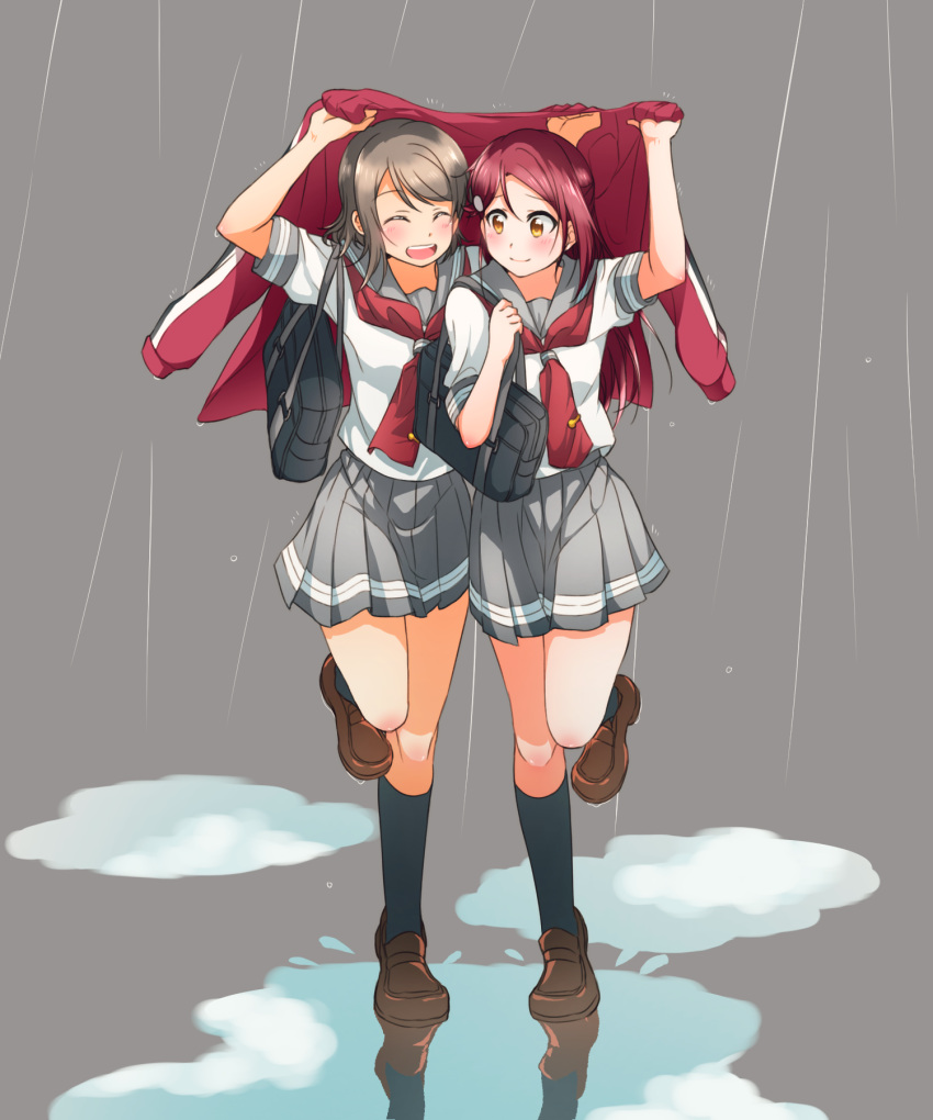 2girls ^_^ bag bangs black_legwear blush brown_shoes closed_eyes covering_head grey_background grey_hair hair_ornament hairclip highres holding_jacket holding_strap jacket jacket_removed kneehighs loafers long_hair looking_at_another love_live! love_live!_sunshine!! multiple_girls neckerchief open_mouth pleated_skirt puddle rain red_neckerchief redhead sakurauchi_riko school_bag school_uniform serafuku shoes short_hair short_sleeves skirt smile standing standing_on_one_leg swept_bangs tie_clip track_jacket uranohoshi_school_uniform watanabe_you yellow_eyes yuchi_(salmon-1000)