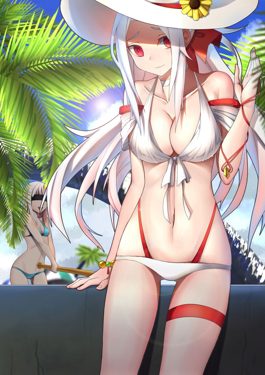 2girls absurdres bat beach bikini blindfold blue_swimsuit breasts cleavage commentary_request cowboy_shot fate/grand_order fate_(series) flower hair_ribbon hat hat_flower highres illyasviel_von_einzbern irisviel_von_einzbern large_breasts long_hair multiple_girls navel red_eyes ribbon smile sun_hat swimsuit very_long_hair waving white_hair white_swimsuit yan_mian