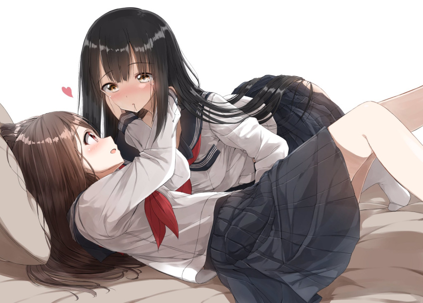 2girls bangs black_hair blush brown_hair eyebrows_visible_through_hair hair_in_mouth hands_on_another's_face heart highres long_hair looking_at_another lying multiple_girls open_mouth orange_eyes original pentagon_(railgun_ky1206) red_eyes red_ribbon ribbon school_uniform simple_background skirt very_long_hair white_background yuri