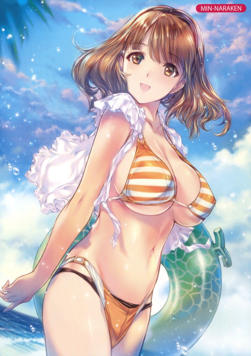 1girl absurdres artist_name bangs bikini blue_sky breasts brown_eyes brown_hair cleavage clouds copyright_request cowboy_shot crop_top day eyebrows_visible_through_hair highres holding_innertube large_breasts looking_at_viewer melonbooks min-naraken navel ocean open_clothes open_mouth outdoors palm_tree shirt short_hair short_sleeves sky smile solo standing striped striped_bikini swimsuit transparent tree water water_drop white_shirt wind