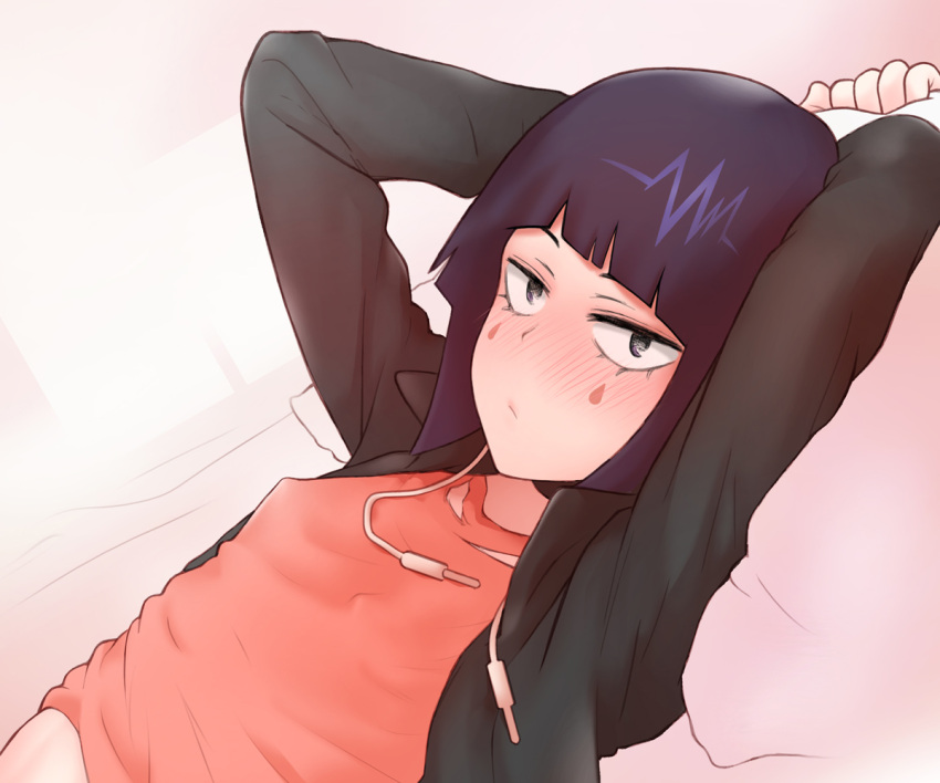 1girl arms_up black_eyes black_jacket blush boku_no_hero_academia covered_nipples facial_mark jacket jirou_kyouka long_sleeves looking_at_viewer lying on_back pillow plug purple_hair red_shirt shirt short_hair shpo solo torn_clothes torn_shirt