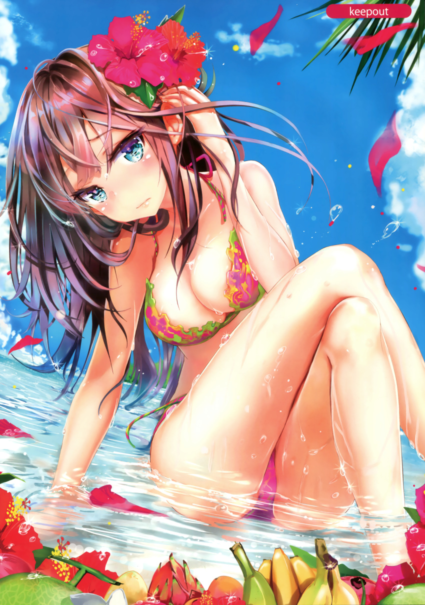 1girl absurdres bangs bikini blue_eyes blue_sky breasts brown_hair cleavage closed_mouth clouds cloudy_sky commentary_request day dutch_angle flower hair_flower hair_ornament halter_top halterneck hand_in_hair hand_up hibiscus highres keepout legs_crossed long_hair looking_at_viewer medium_breasts melonbooks ocean original outdoors pink_bikini scan shallow_water sitting sky solo swimsuit thighs