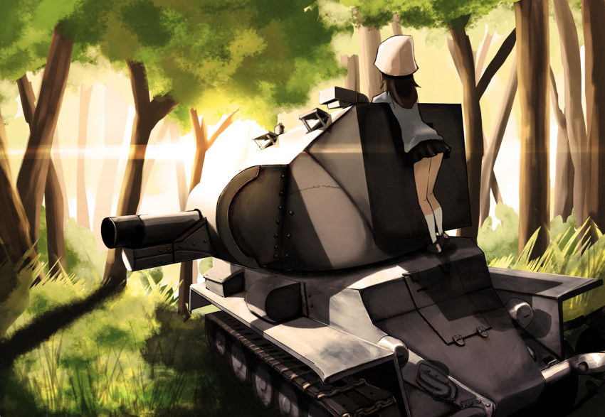 1girl bt-42 day forest girls_und_panzer grass ground_vehicle hat jinguu_(4839ms) mika_(girls_und_panzer) military military_vehicle motor_vehicle nature skirt sunlight tank tree