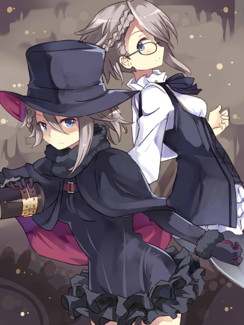 1girl ange_(princess_principal) blue_eyes bow bowtie braid brown_hair cape dual_persona frills glasses hat highres long_sleeves looking_at_viewer normaland open_mouth princess_principal short_hair silver_hair steampunk top_hat