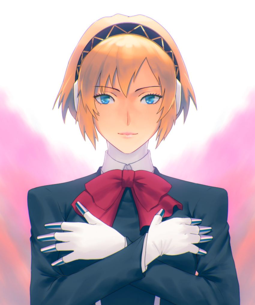1girl aegis_(persona) aqua_eyes black_jacket blonde_hair closed_mouth collared_shirt crossed_arms eyebrows_visible_through_hair fateline_alpha gloves hair_between_eyes hairband highres jacket long_sleeves looking_at_viewer neck_ribbon persona persona_3 pink_background red_neckwear red_ribbon ribbon shirt smile solo upper_body white_gloves white_shirt