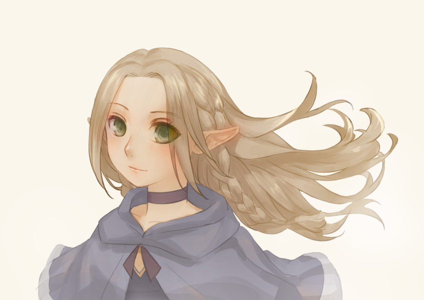 1girl absurdres blonde_hair blue_capelet blue_choker blue_dress blush braid choker closed_mouth commentary dress dungeon_meshi elf eyebrows_visible_through_hair eyes_visible_through_hair green_eyes grey_background highres light_smile long_hair looking_at_viewer madcocoon marcille pointy_ears simple_background smile solo