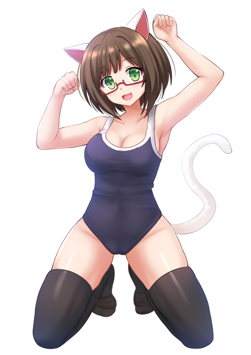 1girl :d animal_ears armpits arms_up bangs bare_arms bare_shoulders black_legwear blue_swimsuit blush breasts cat_ears cat_tail cleavage collarbone eyebrows_visible_through_hair fang full_body glasses highres idolmaster idolmaster_cinderella_girls kazenokaze kemonomimi_mode kneeling legs_apart looking_at_viewer maekawa_miku medium_breasts no_shoes one-piece_swimsuit open_mouth paw_pose red-framed_eyewear school_swimsuit semi-rimless_glasses short_hair simple_background skindentation smile solo swimsuit tail tareme thigh-highs under-rim_glasses white_background