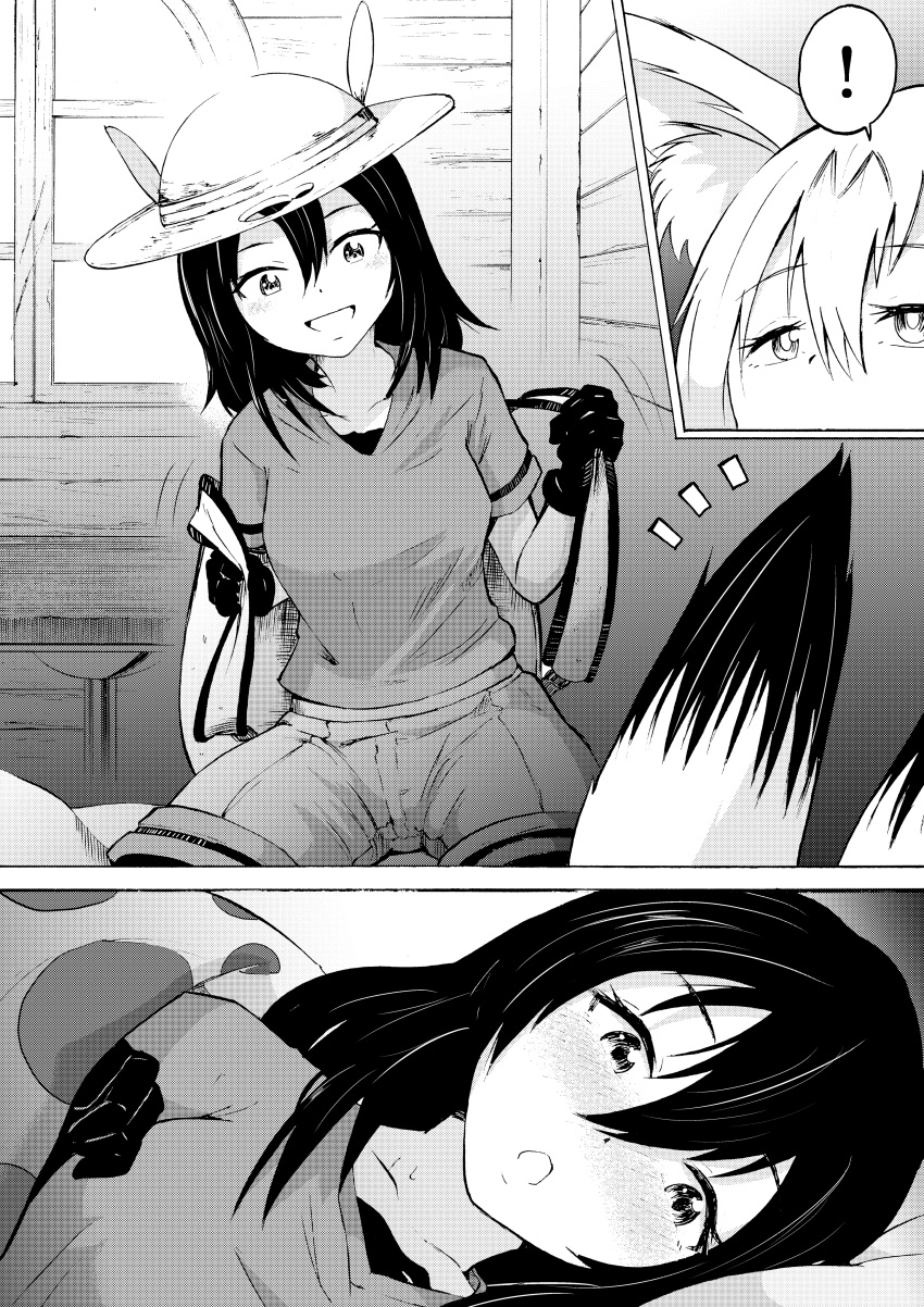 1629doyasa 2girls :d absurdres alternate_hair_length alternate_hairstyle animal_ears backpack bag black_hair blanket blush bucket_hat comic gloves hair_between_eyes hat hat_feather highres indoors kaban_(kemono_friends) kemono_friends lying monochrome multiple_girls on_bed on_side open_mouth pov serval_(kemono_friends) serval_ears shirt short_hair shorts silent_comic smile t-shirt wavy_hair window yuri