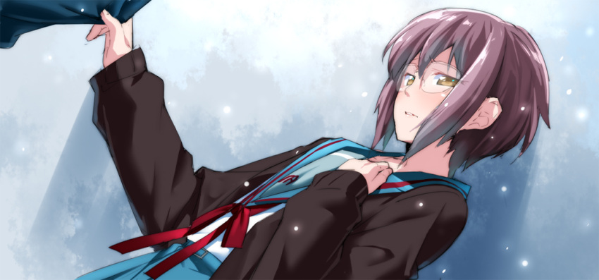 1girl blush brown_eyes cardigan chikugen_shiina clothes_tug dutch_angle glasses nagato_yuki parted_lips purple_hair school_uniform serafuku short_hair snow suzumiya_haruhi_no_yuuutsu