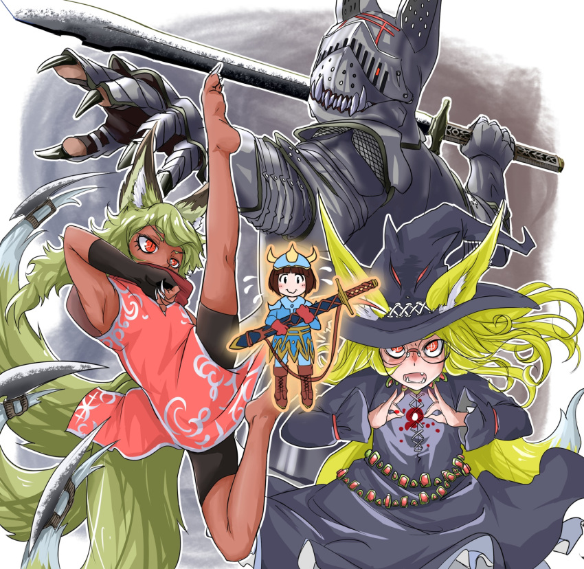 1boy 3girls animal_ears armor attack barefoot belt black_eyes black_gloves black_shorts blonde_hair blue_pants blue_robe blue_shirt blue_skirt blush_stickers boots brown_boots brown_hair casting_spell china_dress chinese_clothes claws clenched_hands closed_mouth commentary_request doitsuken dress fangs fingerless_gloves fingernails flying_sweatdrops fox_ears fox_shadow_puppet fox_tail full_armor glasses gloves hat helmet highres holding holding_sword holding_weapon horned_helmet jewelry jumping leg_up long_hair looking_at_viewer magic multiple_girls multiple_tails open_mouth original outstretched_arm pants pink_dress projected_inset red_eyes red_gloves robe sharp_fingernails sharp_teeth sheath sheathed shirt shorts skirt slit_pupils standing sword tail teeth unsheathed wavy_mouth weapon witch_hat