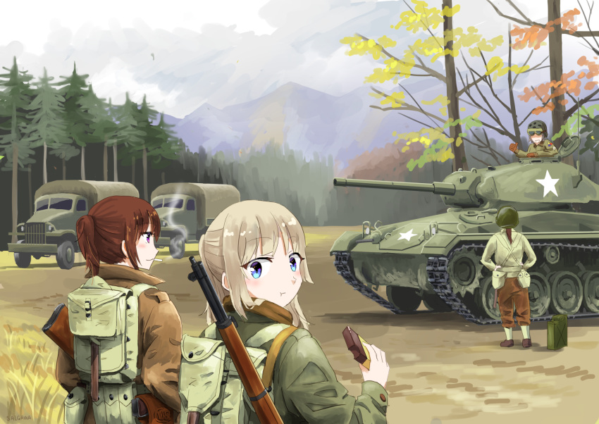 4girls blonde_hair blue_eyes brown_hair chocolate clouds day eating forest grass ground_vehicle gun highres jerry_can looking_at_viewer m24_chaffee military military_vehicle motor_vehicle mountain multiple_girls nature original rifle saigawa smoking star tank tree truck violet_eyes weapon