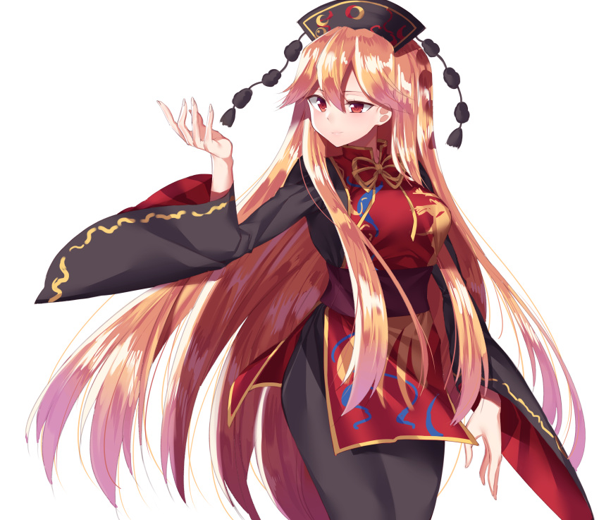 1girl absurdres bangs blonde_hair breasts chinese_clothes closed_mouth cowboy_shot crescent eyebrows_visible_through_hair gem_oblivion hair_between_eyes hand_up hat highres junko_(touhou) long_hair long_sleeves medium_breasts neck_ribbon red_eyes ribbon sidelocks simple_background solo tabard touhou very_long_hair white_background wide_sleeves yellow_ribbon