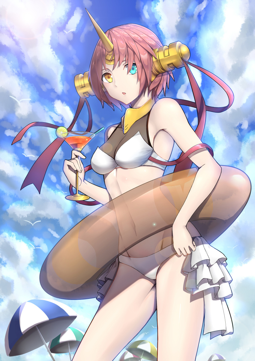 1girl absurdres beach beach_umbrella berserker_of_black bird blue_eyes clouds cloudy_sky cup drinking_glass drinking_straw eyes fate/grand_order fate_(series) frankenstein's_monster_(swimsuit_saber)_(fate) heterochromia highres horns innertube lime_slice orange_eyes redhead seagull sky solo swimsuit umbrella yan_mian