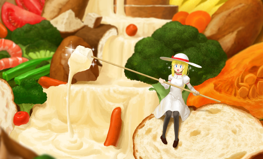 1girl bangs blonde_hair blue_eyes blush bow bread broccoli carrot cheese dress dripping drooling fondue food hat highres holding long_hair long_sleeves minigirl open_mouth original payot puffy_sleeves shoes shrimp sitting smile solo sparkle sun_hat tomato vegetable white_dress white_hat