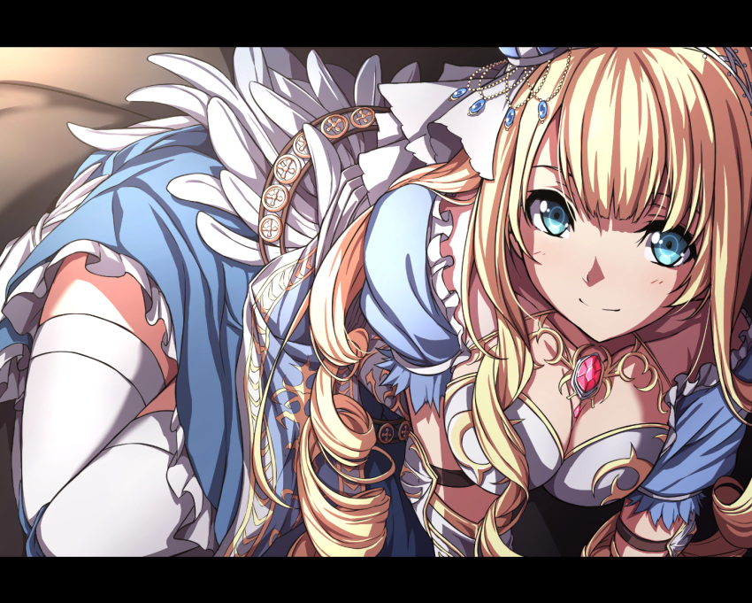 1girl blonde_hair blue_dress blue_eyes breasts cleavage crown dress eunice_yates kanpani_girls large_breasts looking_at_viewer mini_crown sblack smile solo thigh-highs white_legwear