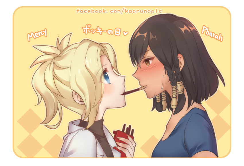 2girls atobesakunolove blonde_hair blue_eyes blush brown_eyes brown_hair casual character_name english eye_contact food food_in_mouth highres looking_at_another mercy_(overwatch) mouth_hold multiple_girls overwatch pharah_(overwatch) pocky pocky_day simple_background sweatdrop translated watermark web_address yuri