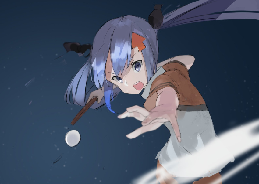 1girl ball bangs blue_eyes blue_hair blurry character_check commentary_request copyright_check depth_of_field directional_arrow_hair_ornament hair_ornament holding holding_paddle kamiya_agari long_hair open_mouth paddle pikumin round_teeth shakunetsu_no_takkyuu_musume solo standing table_tennis_ball table_tennis_paddle teeth twintails v-shaped_eyebrows