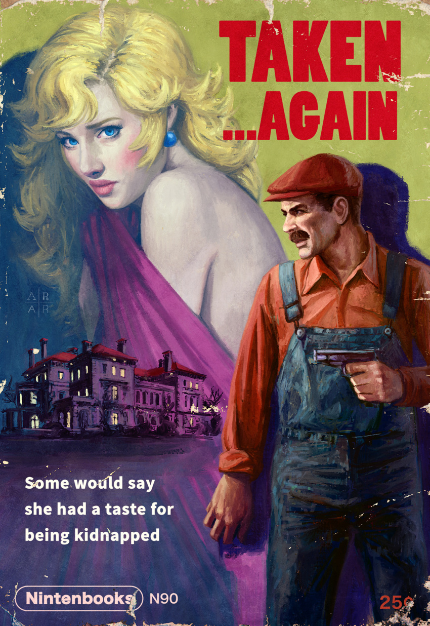 1boy 1girl 40s 50s astor_alexander blonde_hair blue_eyes brown_hair commentary cover damaged derivative_work earrings english facial_hair fake_cover gun handgun hat highres jewelry lips long_hair mansion mario super_mario_bros. mustache oldschool overalls parody princess_peach projected_inset realistic style_parody super_mario_bros. weapon