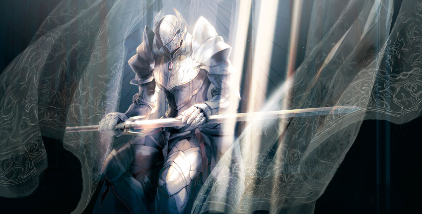 1boy armor commentary_request curtains fantasy full_armor gauntlets gem helmet holding holding_sword holding_weapon horned_helmet horocca overlord_(maruyama) pauldrons plate_armor sitting solo sunlight sword touch_me warrior weapon