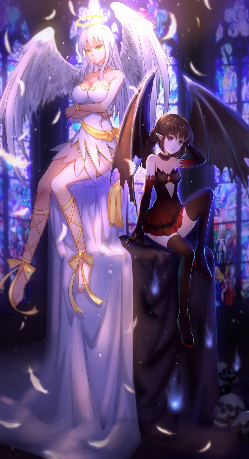 2girls absurdres angel angel_and_devil angel_wings bare_shoulders barefoot black_hair boots breasts choker cleavage demon_girl demon_wings dress elbow_gloves feathered_wings gloves halo highres long_hair looking_at_viewer luo_qingyu multiple_girls original pointy_ears red_eyes sitting strapless strapless_dress thigh-highs thigh_boots white_hair wings yellow_eyes