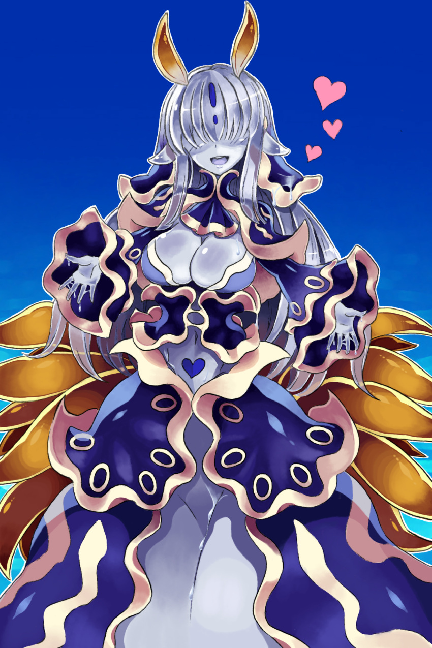 1girl animal_ears bangs blue_background blue_dress blue_skin blunt_bangs breasts commentary_request covered_eyes dress facing_viewer heart highres horns large_breasts long_hair long_sleeves monster_girl monster_girl_encyclopedia multiple_tails open_mouth pubic_tattoo simple_background slug_girl smile solo sticky sticky_fingers suggestive_fluid sweat tail tattoo toorjsugari tritonia_(monster_girl_encyclopedia) wide_sleeves