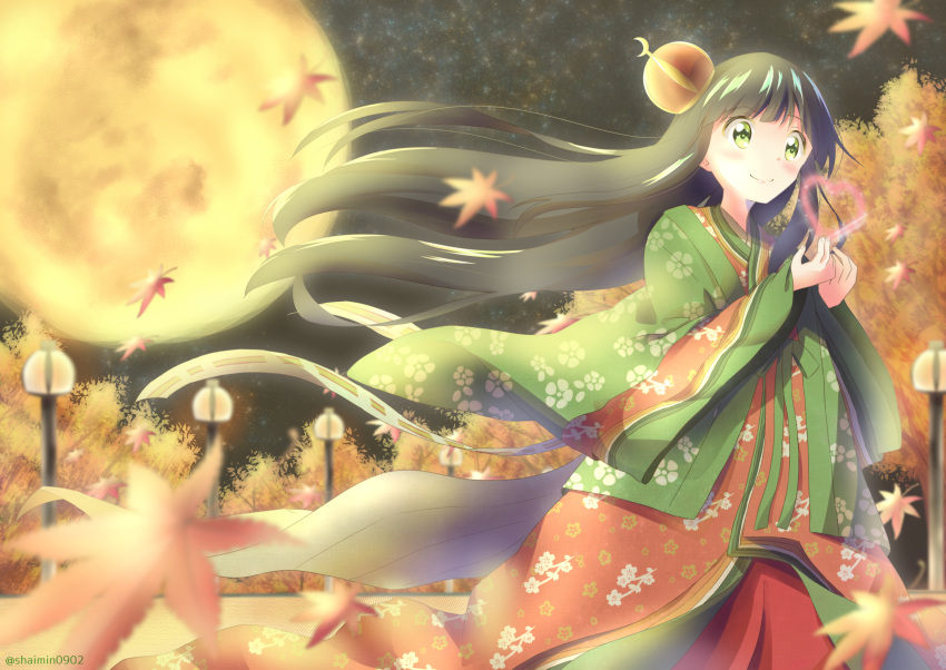 1girl absurdres alternate_costume autumn autumn_leaves bangs black_hair blunt_bangs closed_mouth commentary_request cowboy_shot crescent crown eyebrows_visible_through_hair flat_chest floral_print full_moon gochuumon_wa_usagi_desu_ka? green_eyes hands_together heart highres japanese_clothes kimono lamppost leaf long_hair long_sleeves looking_at_viewer moon night outdoors print_kimono sheimin sky smile solo standing star_(sky) starry_sky tree twitter_username ujimatsu_chiya very_long_hair wide_sleeves wind