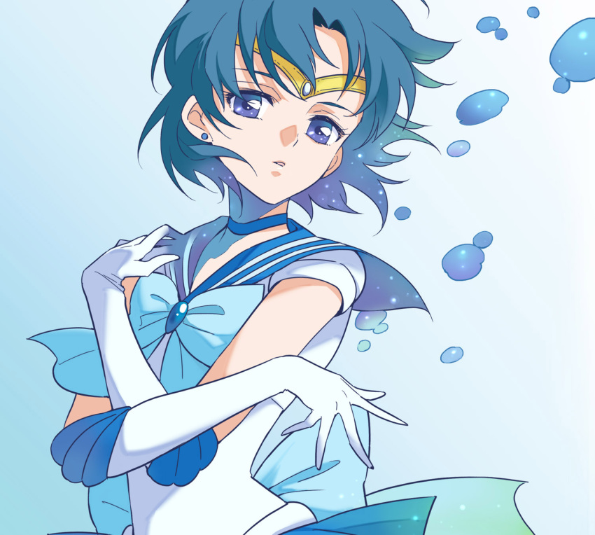 agahari bishoujo_senshi_sailor_moon blue_choker blue_eyes blue_hair blue_sailor_collar bow choker elbow_gloves gloves highres magical_girl mizuno_ami sailor_mercury short_hair white_gloves