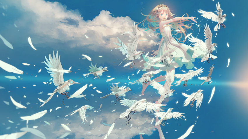 1girl :d bird blonde_hair blue_eyes clouds dove dress from_side full_body highres open_mouth original outstretched_arms sky sleeveless smile vofan white_dress