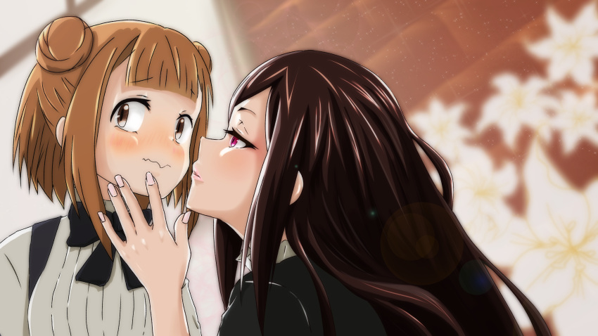 2girls absurdres artist_request beatrice_(princess_principal) blush dorothy_(princess_principal) highres imminent_kiss long_hair looking_to_the_side multiple_girls princess_principal short_hair yuri