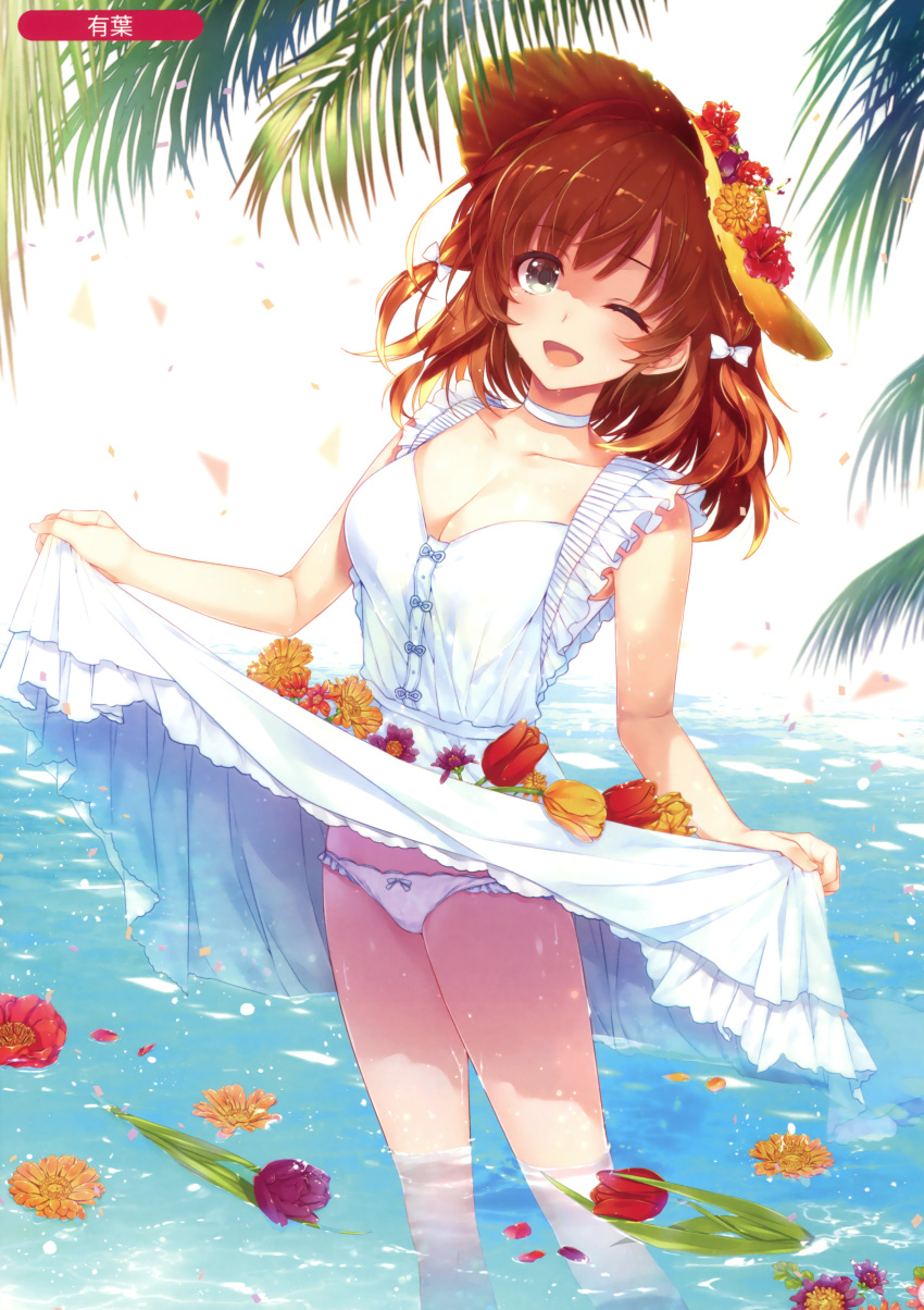 1girl absurdres alpha_(yukai_na_nakamatachi) artist_name bangs bare_legs blue_eyes bow bow_panties breasts brown_hair cleavage collarbone dress dress_lift dripping eyebrows_visible_through_hair flower frilled_dress frills hair_bow hat hat_flower highres lifted_by_self medium_breasts melonbooks one_eye_closed open_mouth original outdoors palm_tree panties scan skirt_basket sleeveless sleeveless_dress smile solo straw_hat tree underwear wading water wet white_bow white_choker white_dress white_panties