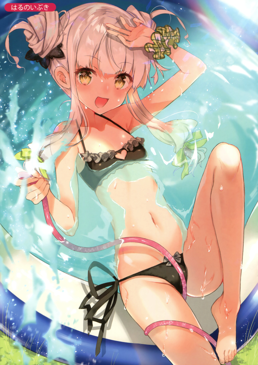 1girl absurdres arm_up artist_name bangs barefoot bikini black_bikini black_ribbon blonde_hair collarbone eyebrows_visible_through_hair flat_chest frilled_bikini frills green_ribbon hair_ornament harunoibuki heart_cutout highres holding_hose hose long_hair looking_at_viewer lying melonbooks navel on_back open_mouth ribbon scan scrunchie side-tie_bikini smile solo spraying swimsuit wading_pool water wet wrist_scrunchie yellow_eyes