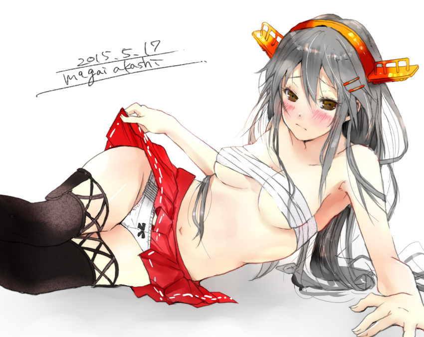 1girl artist_name black_legwear blush bow bow_panties brown_eyes budget_sarashi dated haruna_(kantai_collection) headgear kantai_collection looking_at_viewer magai_akashi miniskirt navel panties sarashi skirt skirt_lift solo thigh-highs underwear white_background white_panties