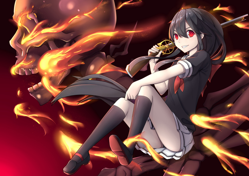 &gt;:) 1girl absurdres antique_firearm black_hair black_legwear black_serafuku commentary_request demon_archer fate/grand_order fate_(series) fire firearm firelock gun highres loafers long_hair mary_janes matchlock red_eyes rifle school_uniform serafuku shoes sitting_on_hand skirt skull solo very_long_hair weapon yan_mian