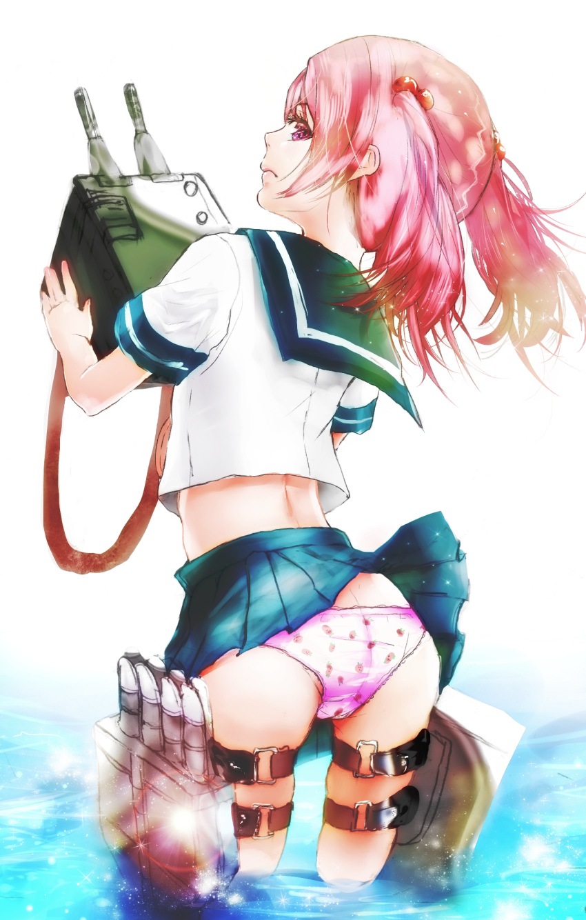 1girl ass crop_top crop_top_overhang food_print hair_bobbles hair_ornament highres kantai_collection looking_at_viewer looking_back magai_akashi midriff miniskirt panties pink_eyes pink_hair print_panties purple_panties sazanami_(kantai_collection) school_uniform serafuku short_hair skirt solo strawberry_panties strawberry_print thigh_strap turret twintails underwear wading water