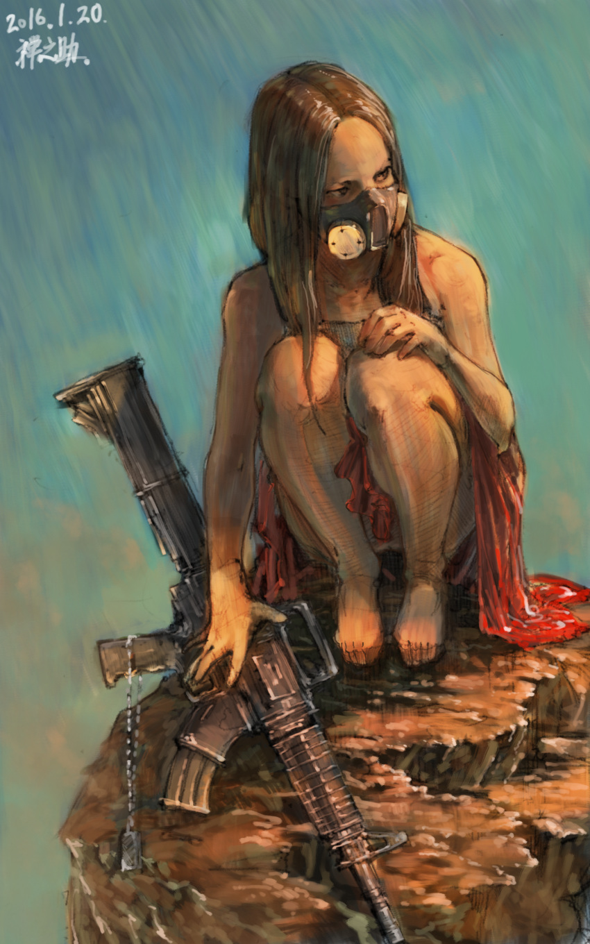 1girl absurdres bare_arms bare_legs bare_shoulders barefoot blue_background brown_eyes brown_hair commentary dated dog_tags dress face_mask gas_mask gun highres holding holding_gun holding_weapon long_hair looking_away looking_to_the_side mask on_rock red_dress signature solo squatting submachine_gun weapon zennosuke