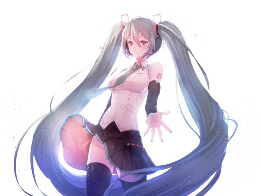 1girl absurdly_long_hair absurdres black_legwear black_skirt blue_eyes blue_hair blue_nails blue_necktie blush breasts closed_mouth ekh eyebrows_visible_through_hair hatsune_miku headset highres large_breasts long_hair looking_at_viewer nail_polish necktie skirt smile thigh-highs very_long_hair vocaloid