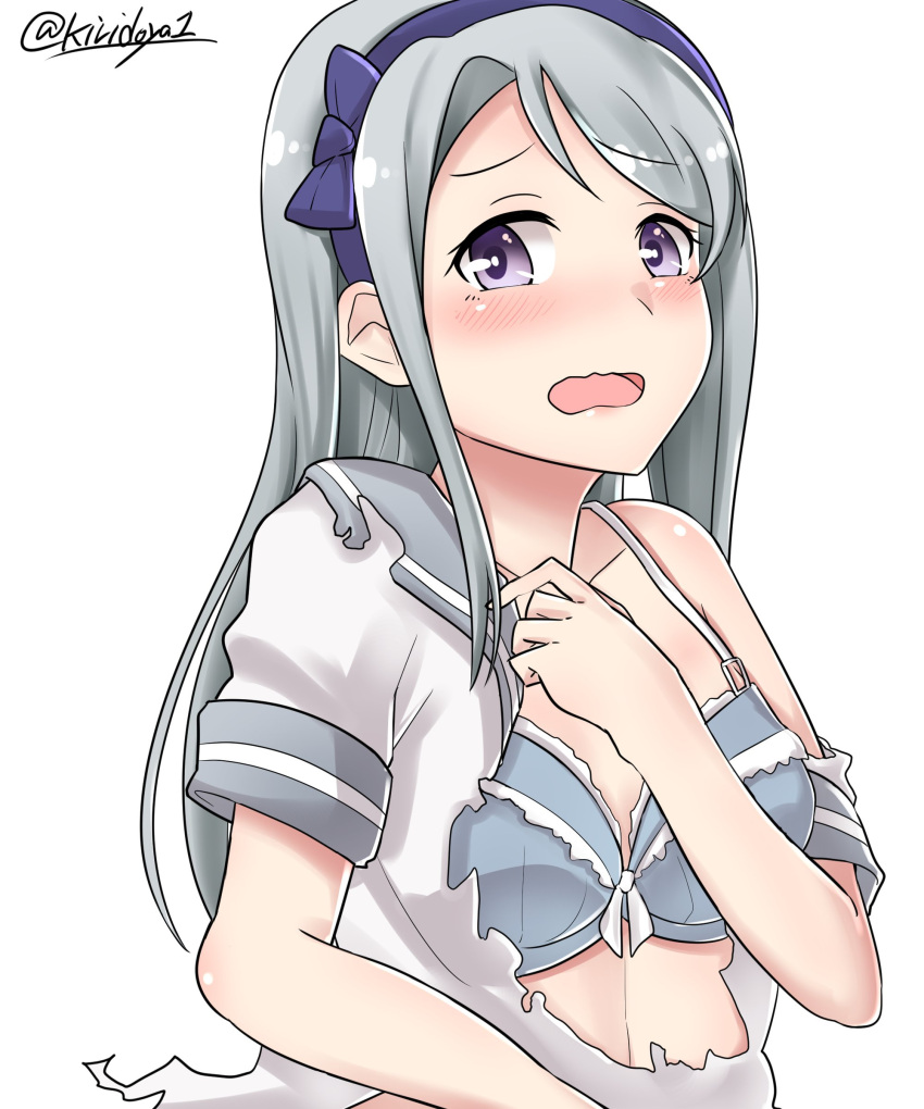 1girl absurdres asymmetrical_bangs bangs blush bra covering covering_breasts grey_bra hairband highres kantai_collection kiritto long_hair looking_at_viewer open_mouth purple_hairband sagiri_(kantai_collection) sailor_collar school_uniform serafuku short_sleeves silver_hair simple_background solo swept_bangs torn_clothes twitter_username underwear upper_body violet_eyes white_background