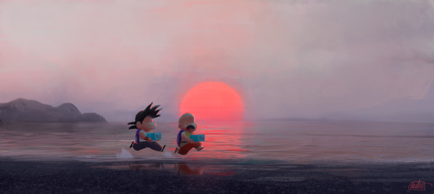 2boys bald beach black_hair container dragon_ball highres kuririn multiple_boys nacho_molina ocean open_mouth reflection running scenery son_gokuu spiky_hair sun sunset water