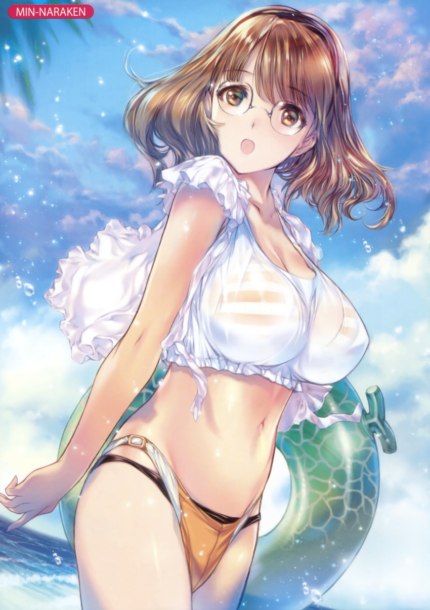 1girl absurdres artist_name bangs bikini blue_sky breasts brown_eyes brown_hair cleavage clouds copyright_request cowboy_shot crop_top day eyebrows_visible_through_hair glasses highres holding_innertube large_breasts looking_at_viewer melonbooks min-naraken navel open_mouth orange_bikini outdoors palm_tree see-through semi-rimless_glasses shirt short_hair short_sleeves sky solo standing striped striped_bikini swimsuit transparent tree water water_drop white_shirt wind