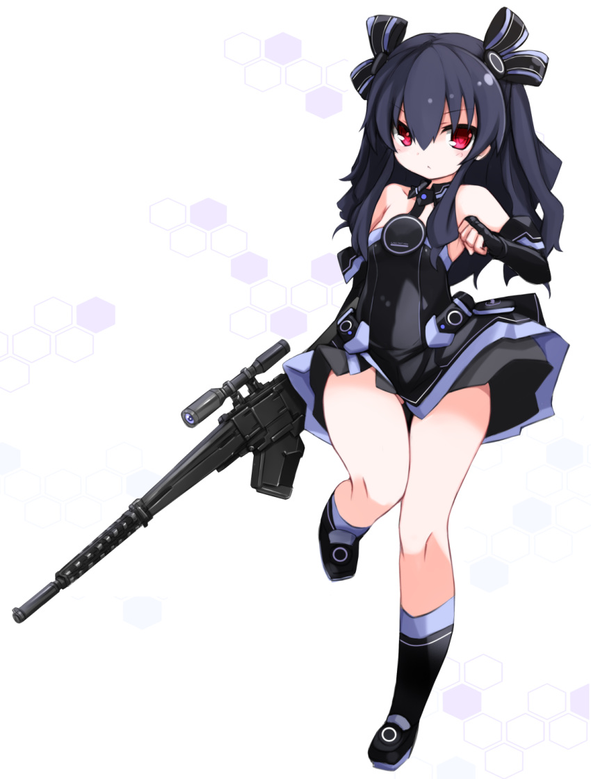 1girl bare_shoulders black_hair blush breasts gun hair_ornament highres holding holding_gun holding_weapon karukan_(monjya) long_hair looking_at_viewer neptune_(series) red_eyes rifle scope smile solo two_side_up uni_(choujigen_game_neptune) weapon